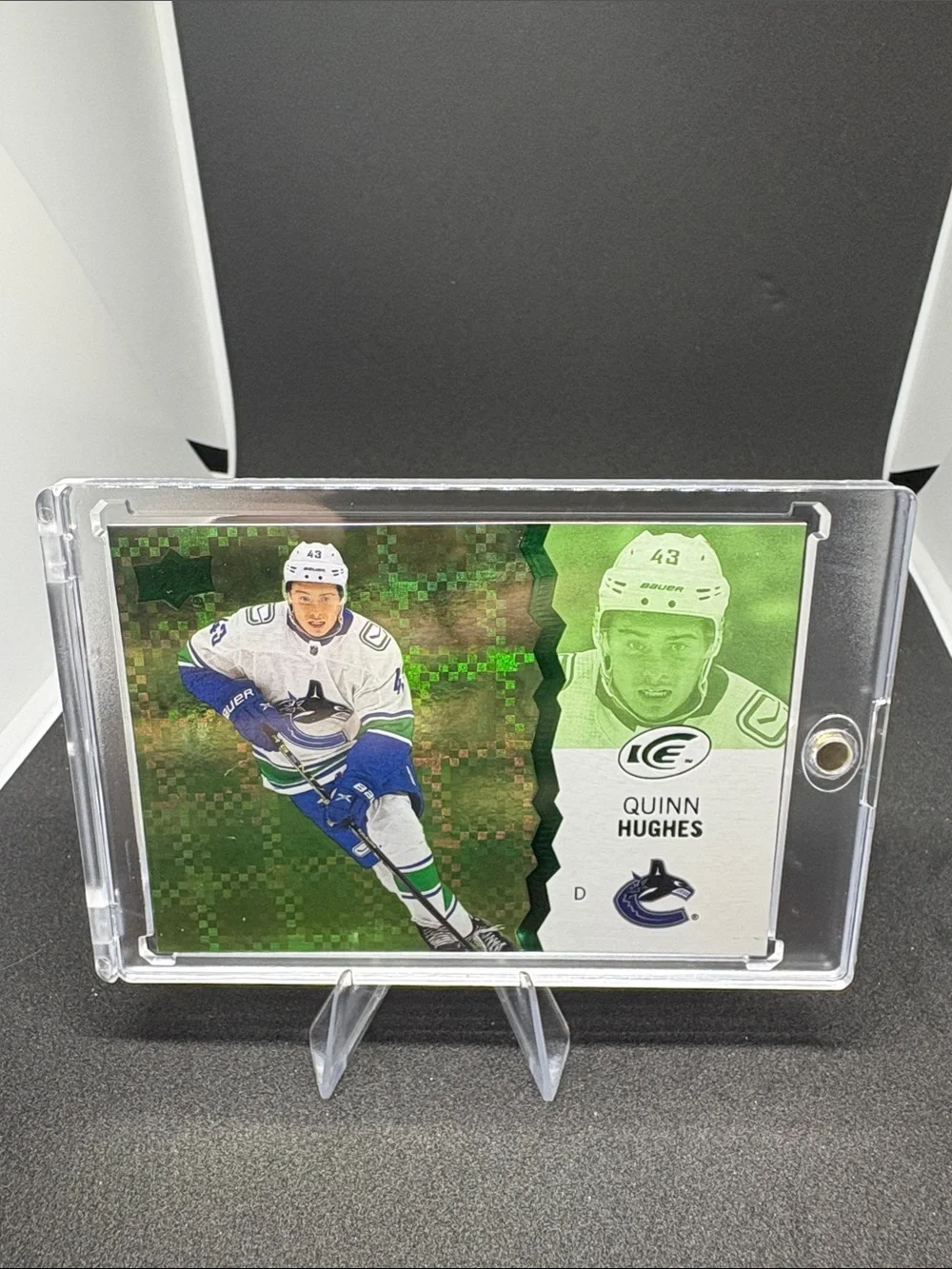 Upper Deck Ice Quinn Hughes Hockey Trading Card Green holo
